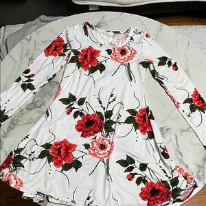 Pinc Floral Long Sleeve Dress - Red and Green on White